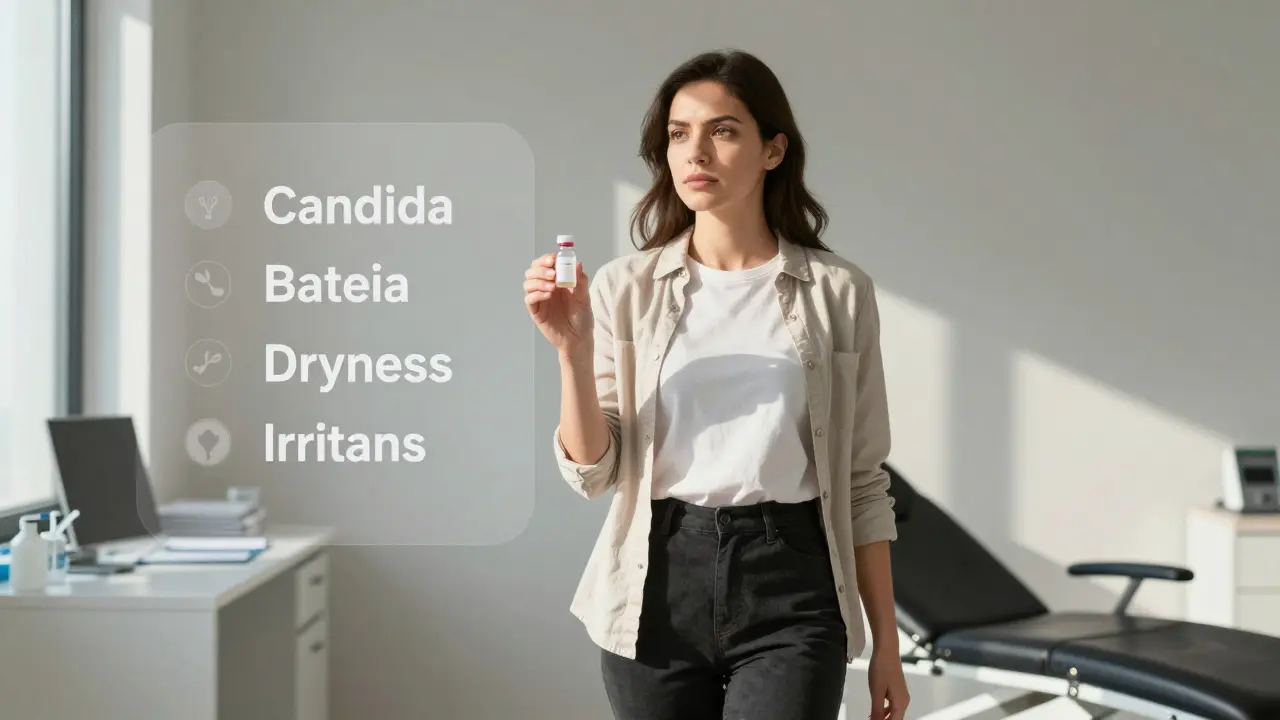 Žena přináší vzorek výtoků k gynekologovi s klidnou a jistou expresí.