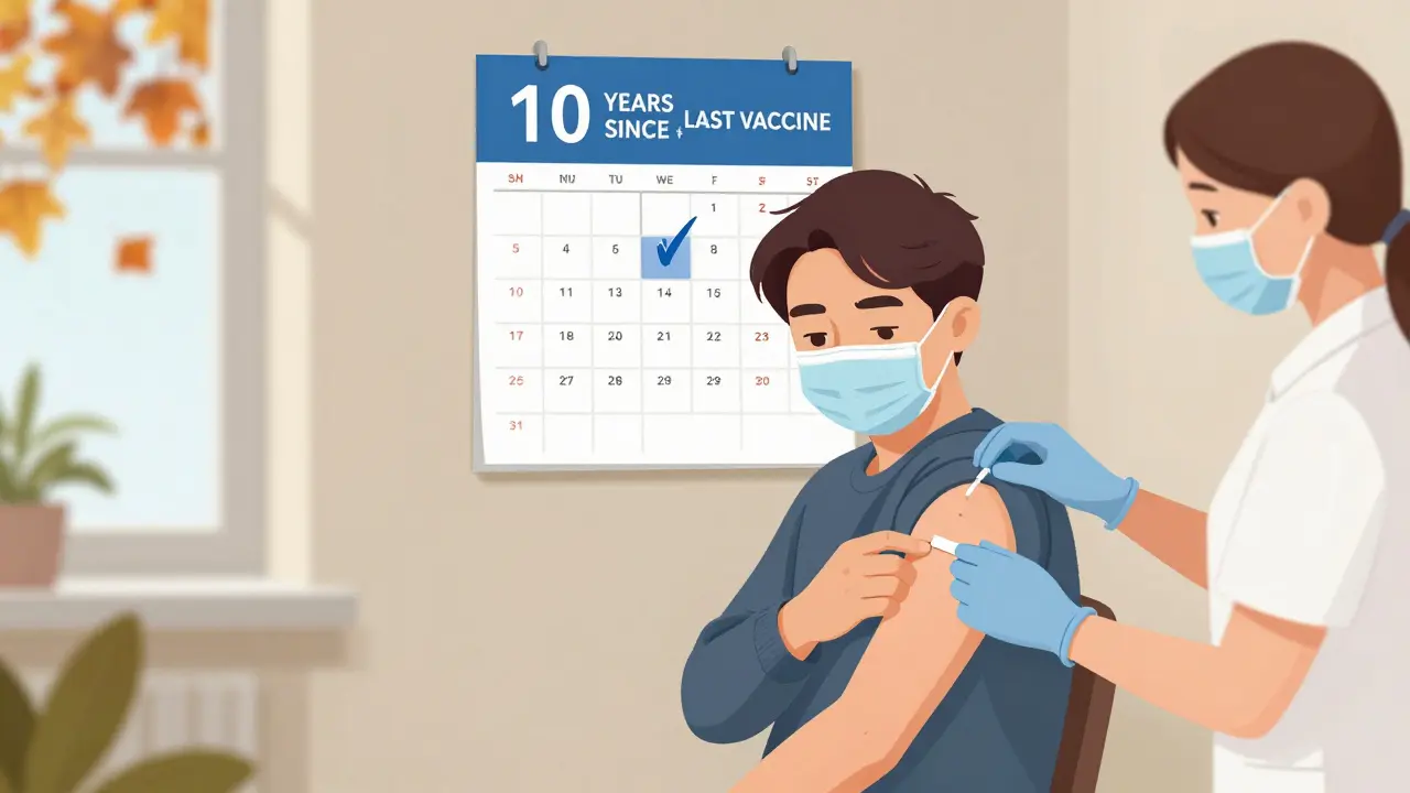 Adult getting tetanus booster shot at health center