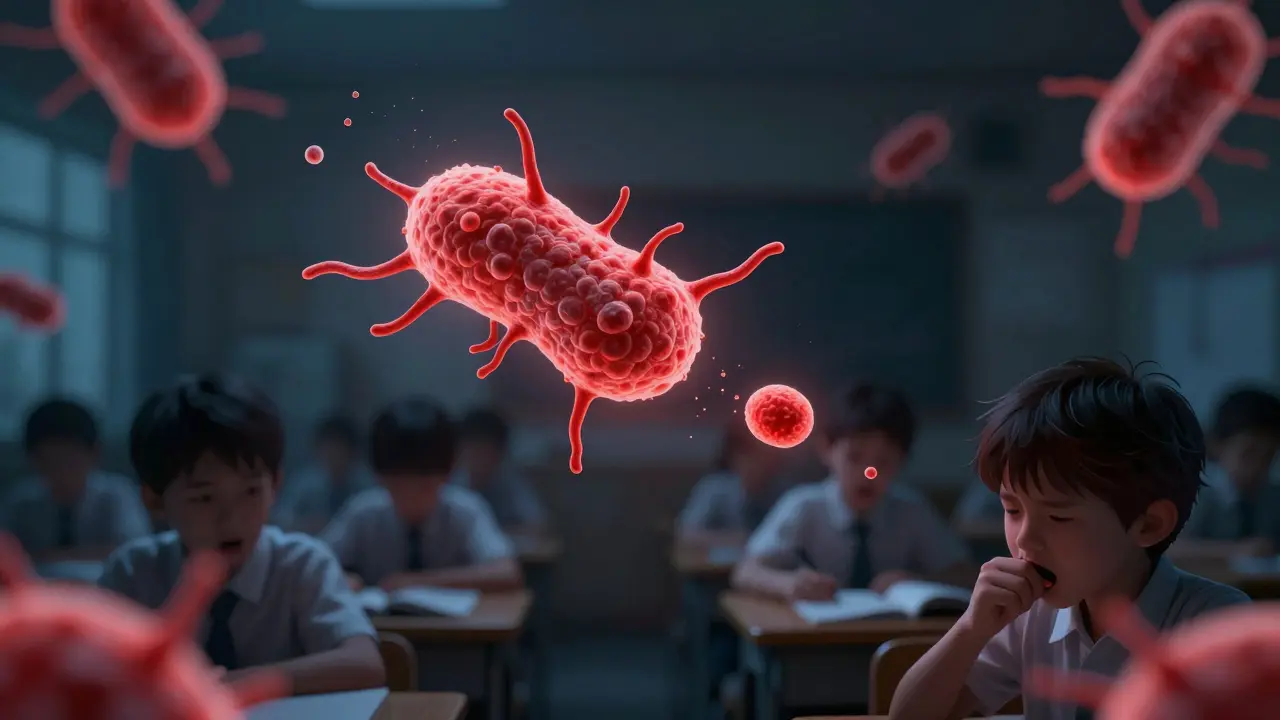 Bakterie streptokoků se šíří vzdušnými kapkami v třídě.