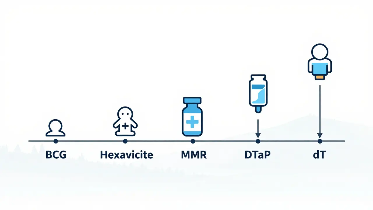 Časová osa povinných očkování od narození do dospělosti s ikonami vakcín.