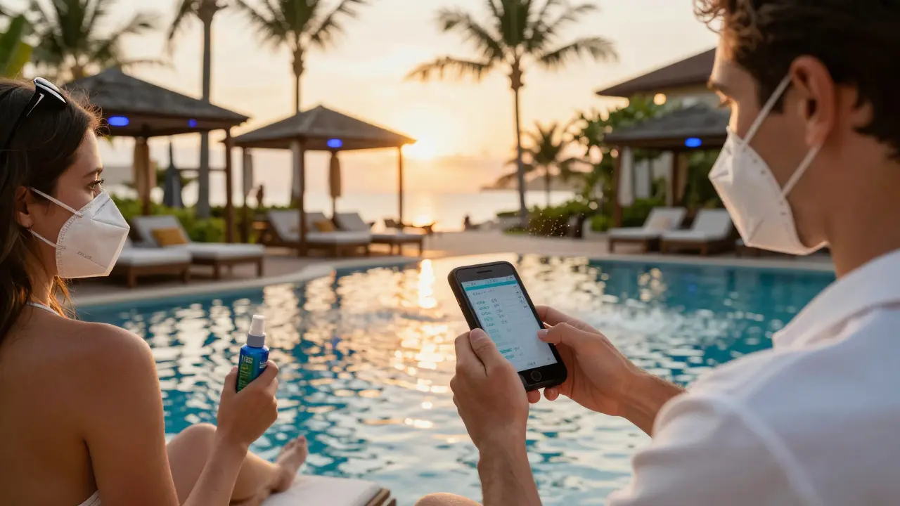 Cestovatel používá přenosný detektor virové RNA nad bazénem v tropickém resortu.