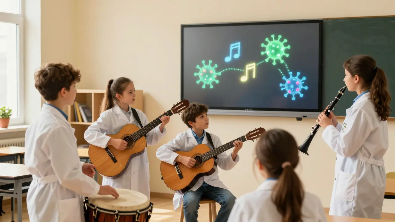 Children playing musical notes representing viral nucleotides in a classroom, with a screen displaying their growing genetic sequence.