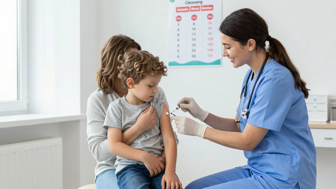 Dětská očkovací vyšetřovna, sestra podává vakcínu dítěti na klíně rodiče.