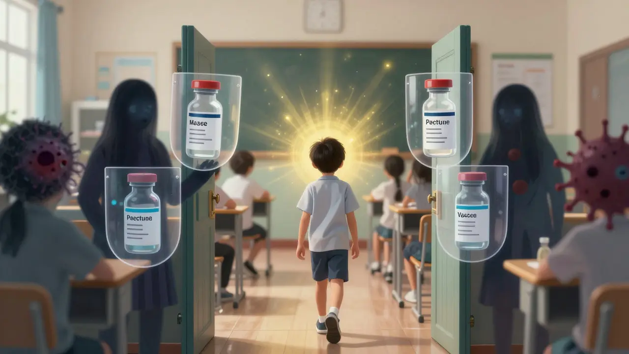 Dítě jde do školy, chráněné transparentními vakcínami proti nemocem.