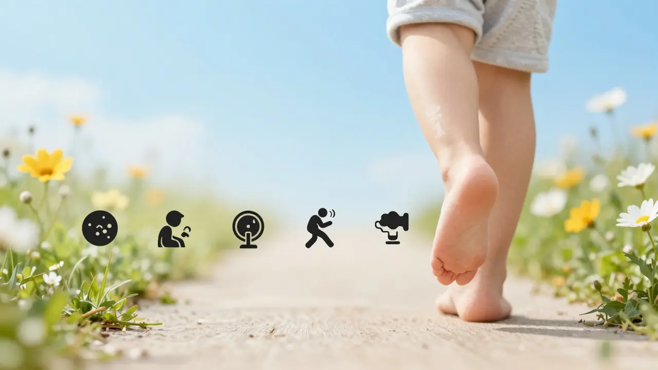 Dítě kročí přes prah, kde zmizí symboly nemocí, vpředu je jasná cesta.