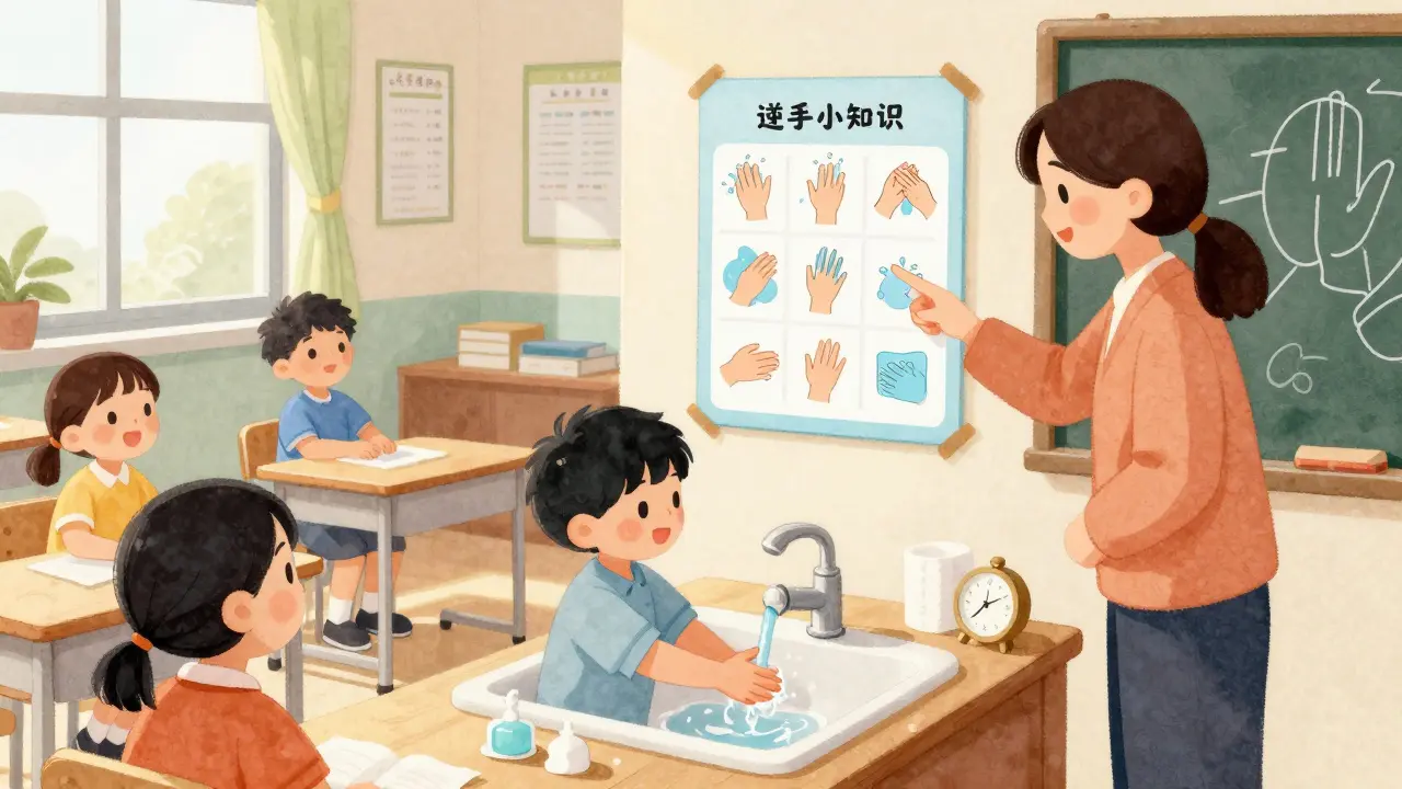 Dítě myje ruce ve škole, učitelka ukazuje na plakát s hygienou.