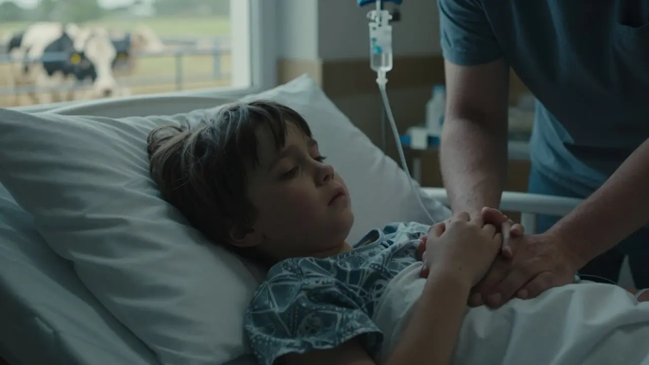 Dítě v nemocniční posteli s kapkou, rodič se o něj stará, venku je vidět farma.