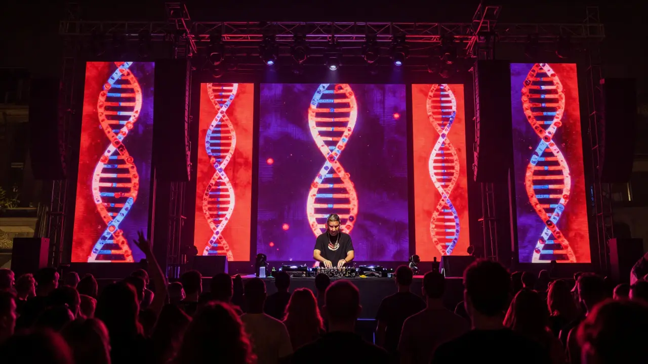 DJ performing an electronic set inspired by HIV's genetic code, with glowing RNA visuals pulsing to the beat.