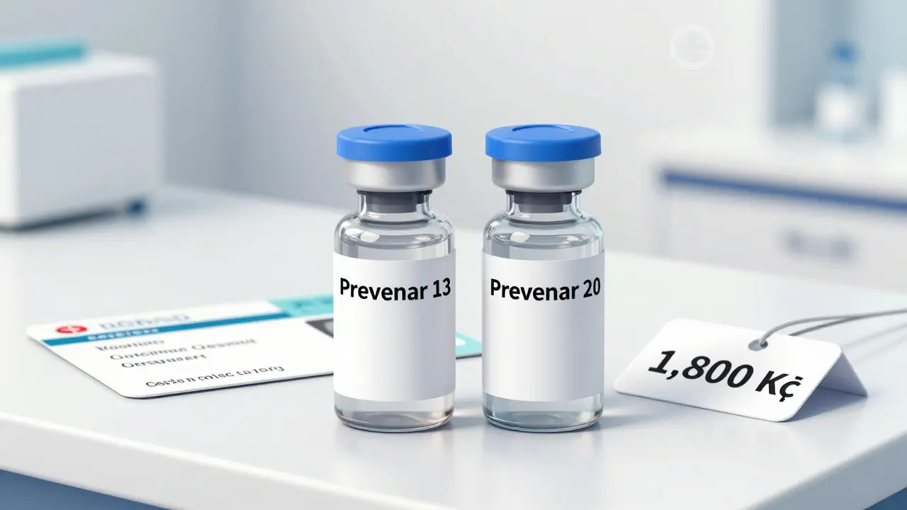 Dvě vakcíny Prevenar 13 a Prevenar 20 s cenou 1 800 Kč na stole s pojišťovací kartou.