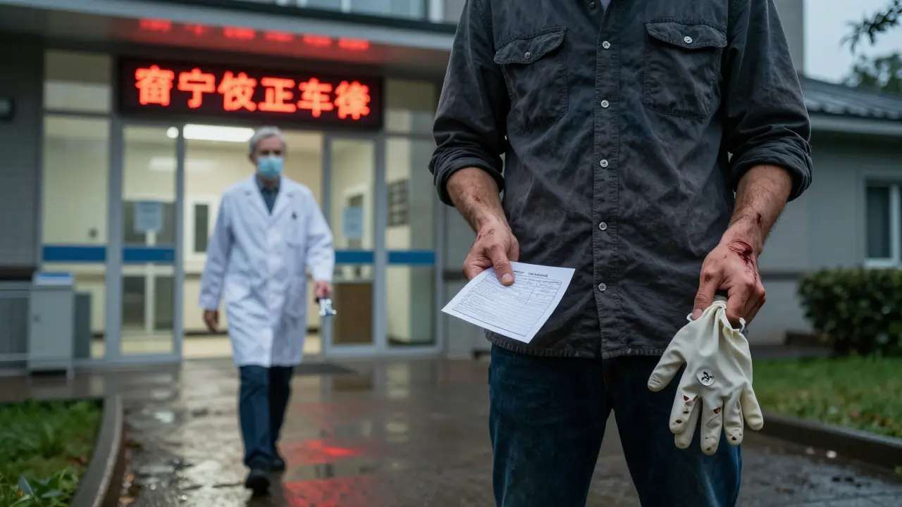 Gardener with wound approaching hospital for vaccination