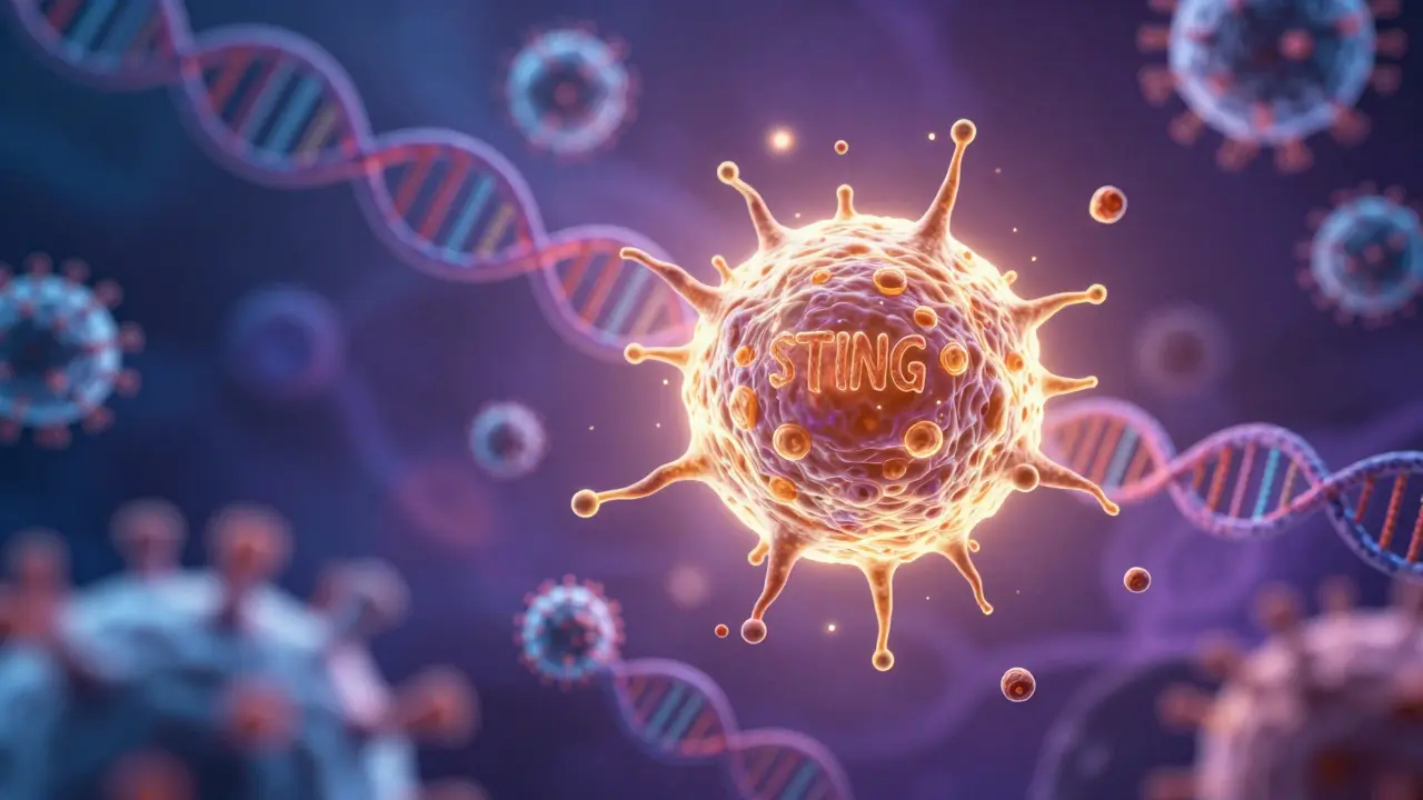 Imunitní buňka aktivuje imunitní cestu STING, zatímco virová RNA blokuje lidské geny v buněčném prostředí
