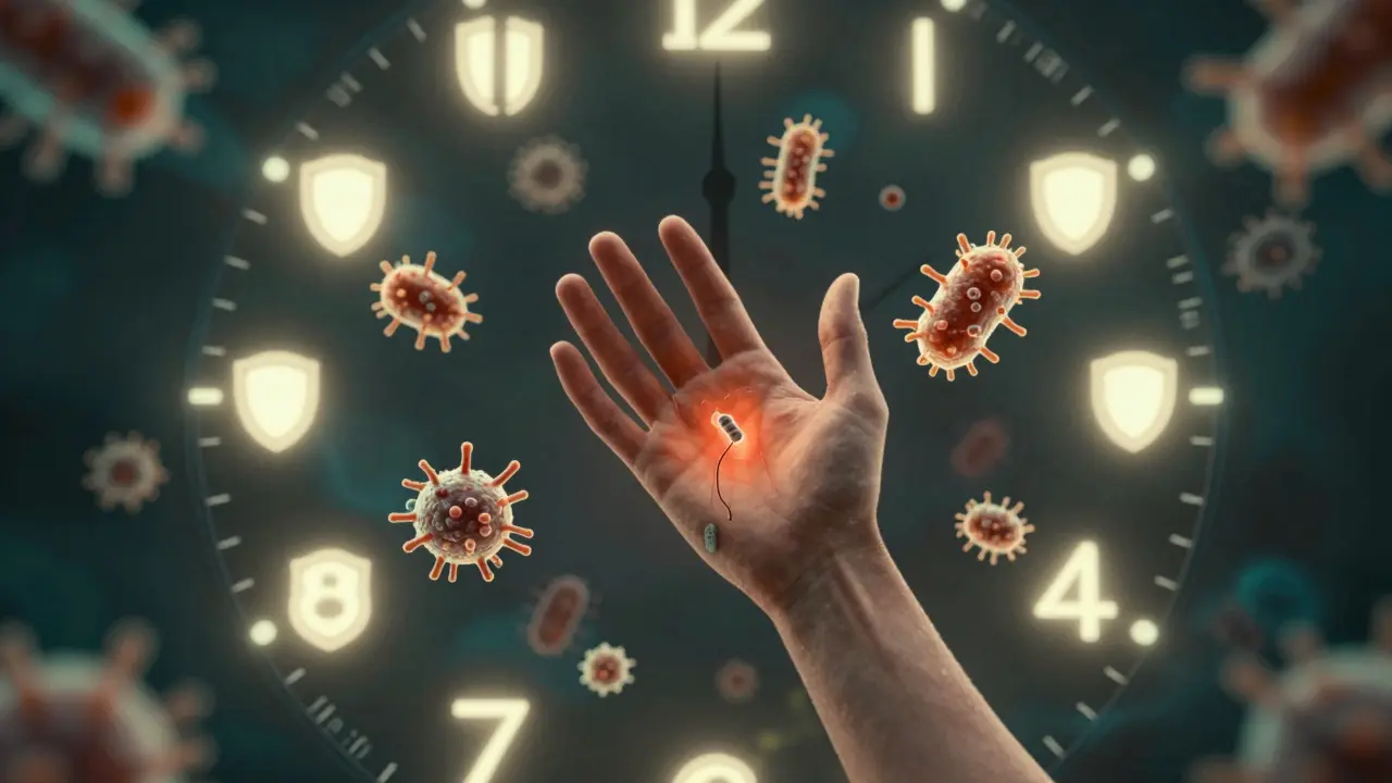 Klíčový časový kruh s 10letými intervaly a imunitní štíty odrazující bakterie tetanu.