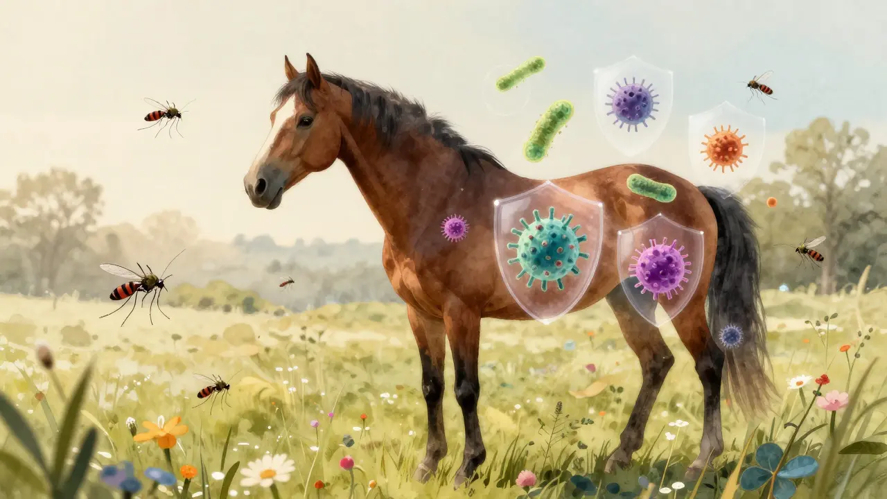 Kůň v jaře je chráněn očkováním před komáry a infekcemi.