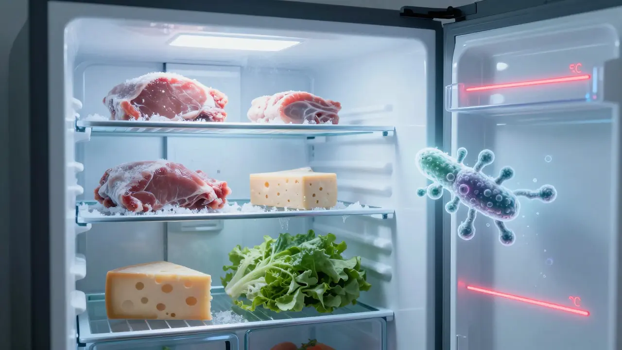 Lednička s červenými hranicemi 5 °C a -18 °C, uvnitř se pohybují neviditelné bakterie ve výparu.