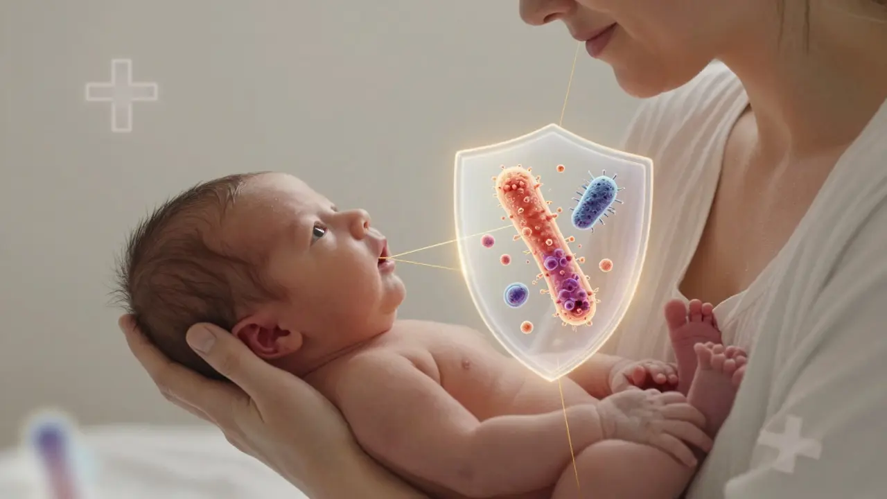 Matka drží novorozence, z nichž vychází dvě vlákna: jedno zdravé, druhé ohrožující.