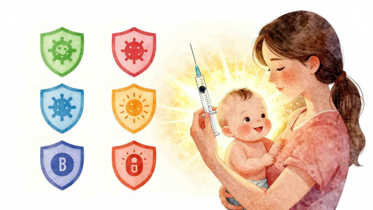 Matka drží očkovací stříkačku vedle symbolů šesti nemocí, které chrání.