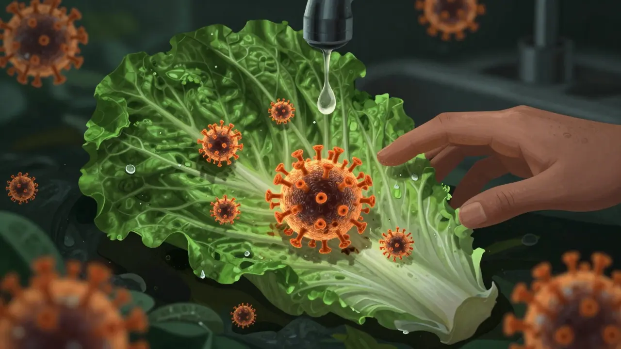 Mikroskopický pohled na noroviry na listu šalátu, když kapky vody z nečištěného kohoutku stékají po povrchu.