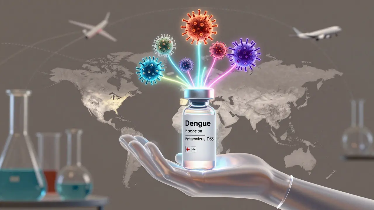 Multivalentní vakcína s šesti barvami symbolizujícími šest cestovních virů nad globem.