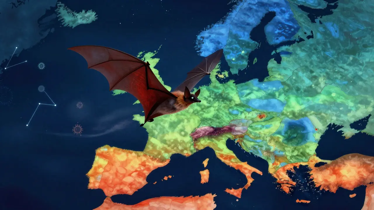 Netopýr létající nad mapou Evropy, jeho stín ukazuje teplotní změny z Amazonie do střední Evropy.