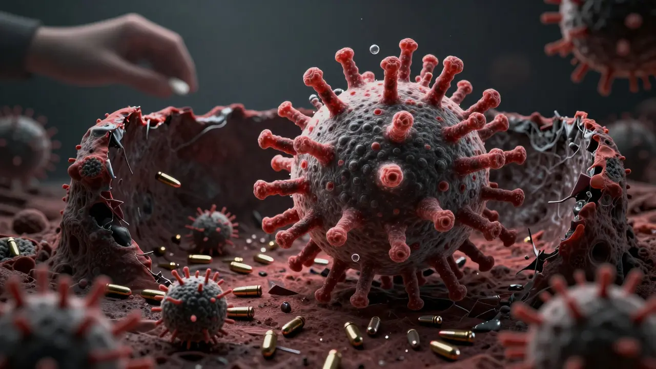 Odolná bakterie v biofilmu odrazuje antibiotické náboje v symbolické bitvě.