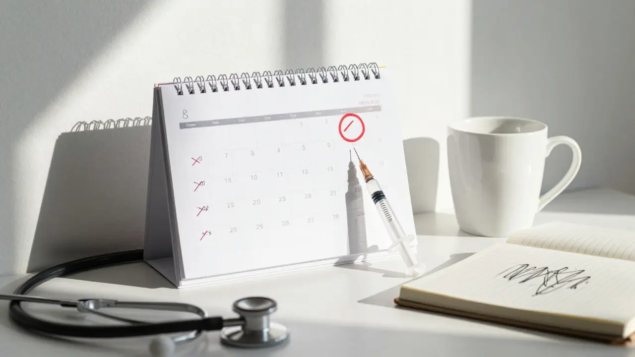 Otevřený kalendář s přeškrtnutými daty a jedna červená značka dne, vedle ní injekce na stetoskopu.