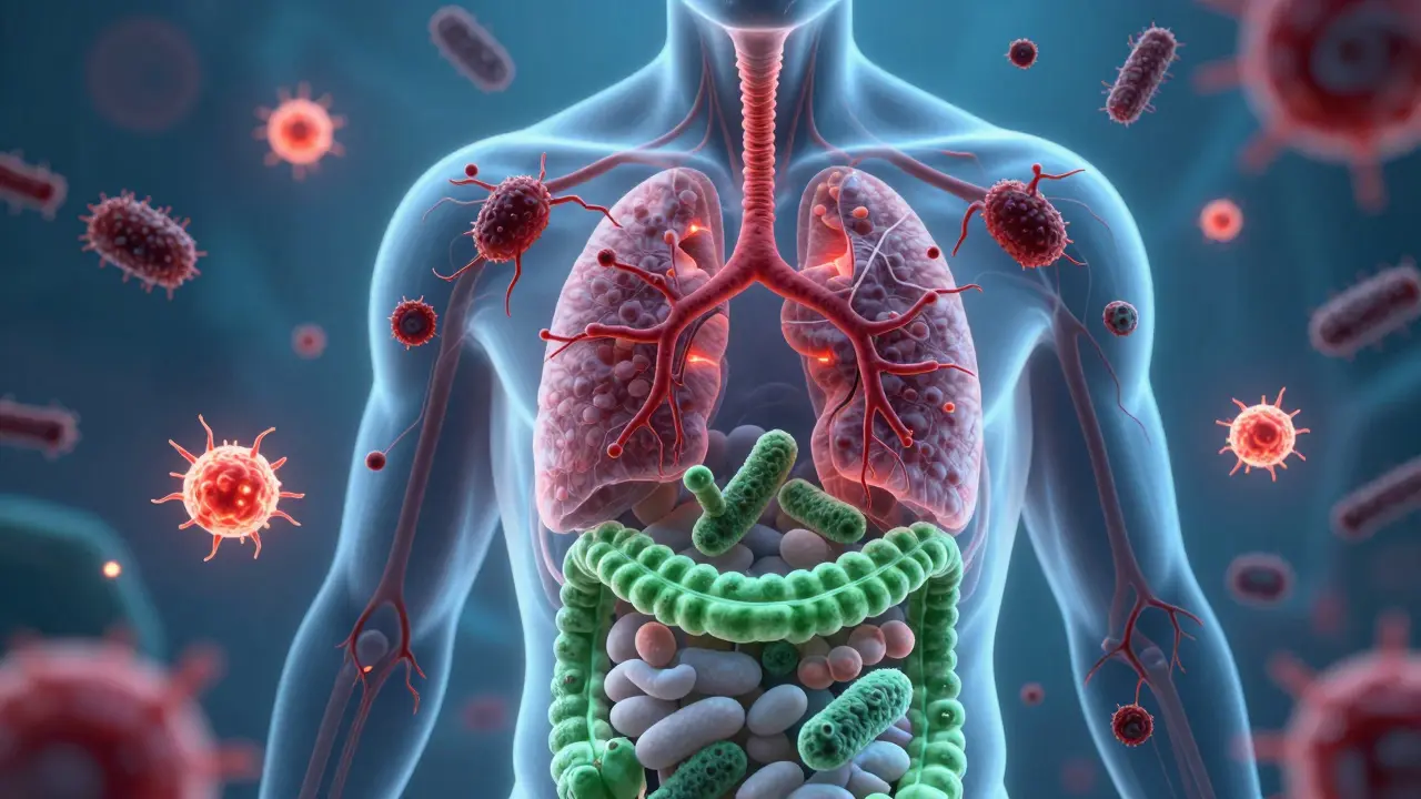 Průhledný lidský organismus s bojem mezi užitečnými a škodlivými bakteriemi uvnitř.