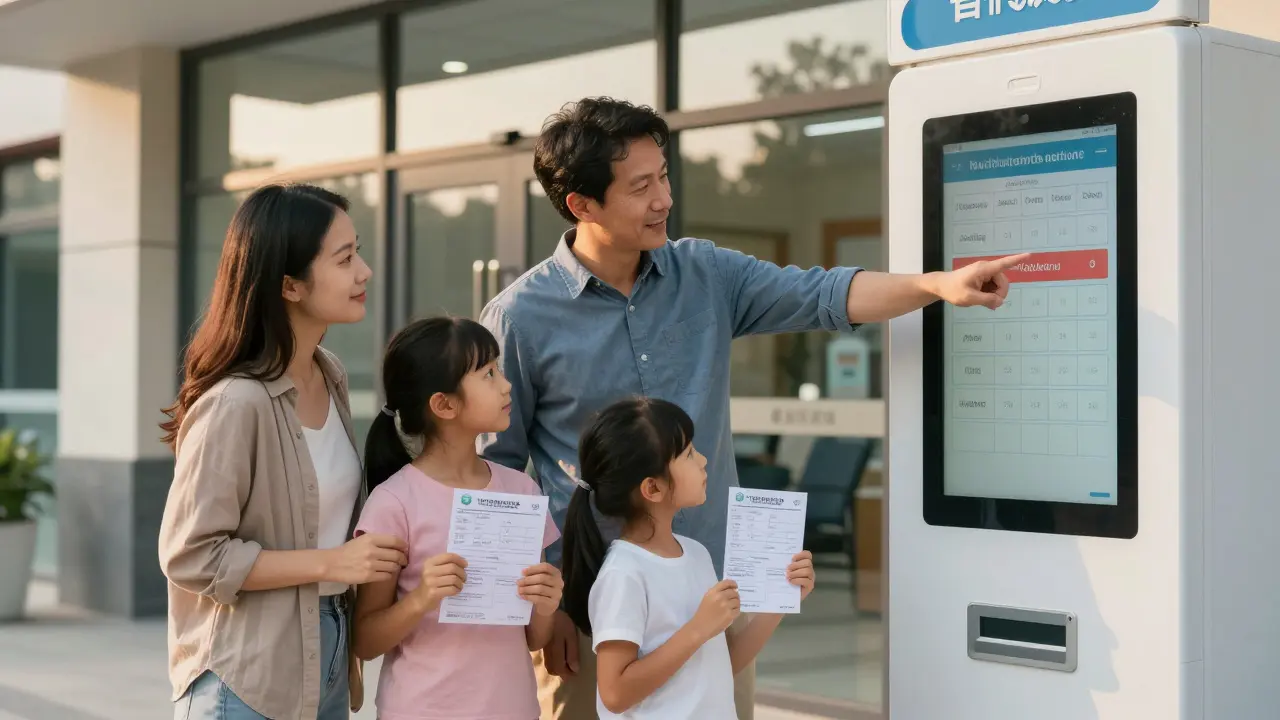 Rodina si na kiosku rezervuje nový termín po zrušení předchozího.