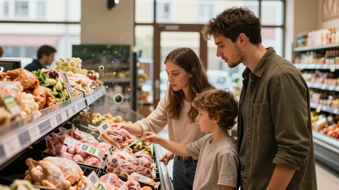 Rodina vybírá ekologické kuře v obchodě, s mikroskopickými bakteriemi v pozadí.
