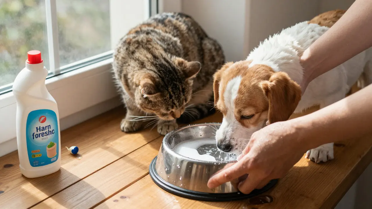 Ruka myje misku pro psa teplou vodou, kočka se čistí na zábradlí.