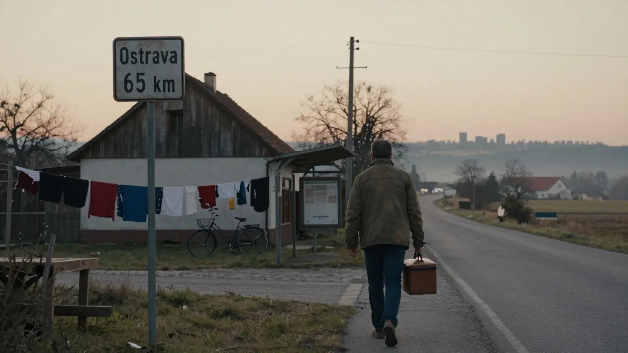 Samotný cestující v české venkovské oblasti směřující k autobusové zastávce, v pozadí vzdálené město.