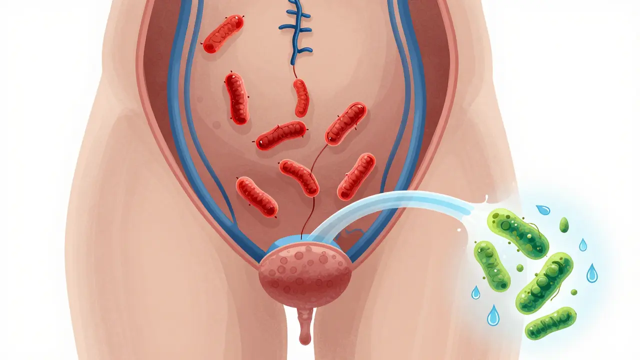 Schéma močových cest s bakteriemi stoupajícími k močovému měchýři a vodou vyplavovanými.