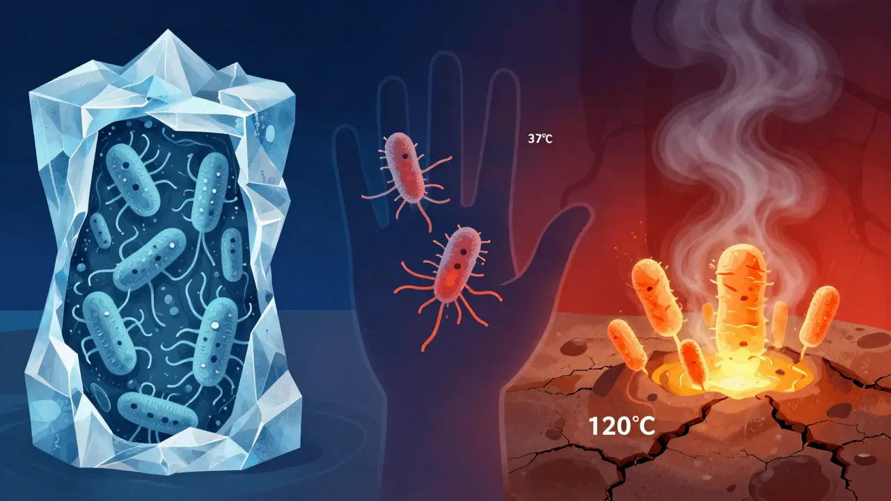 Tři prostředí s bakteriemi: ledové jádro, lidská ruka a horký pramen, každé s jinou barvou a atmosférou.