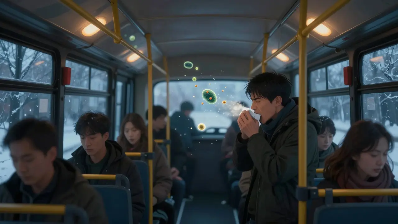 V autobuse se v vzduchu šíří bakterie z kašlající osoby do okolí.