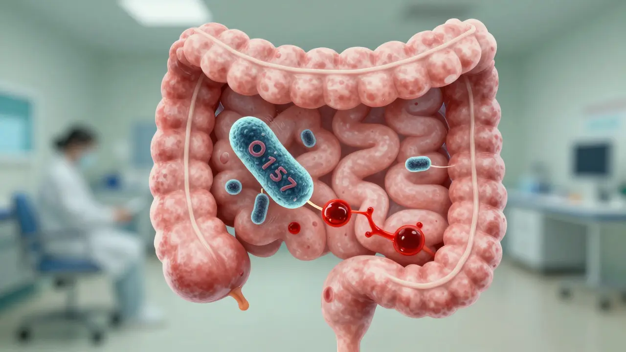 Vnitřní výřez střev s bakterií E. coli produkující toxin, který poškozuje sliznici a způsobuje krvavý průjem.