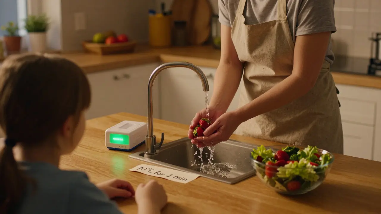 Žena myje jahody v kuchyni, vedle ní stojí PCR test s červeným světlem a poznámka o vaření na 70 °C.