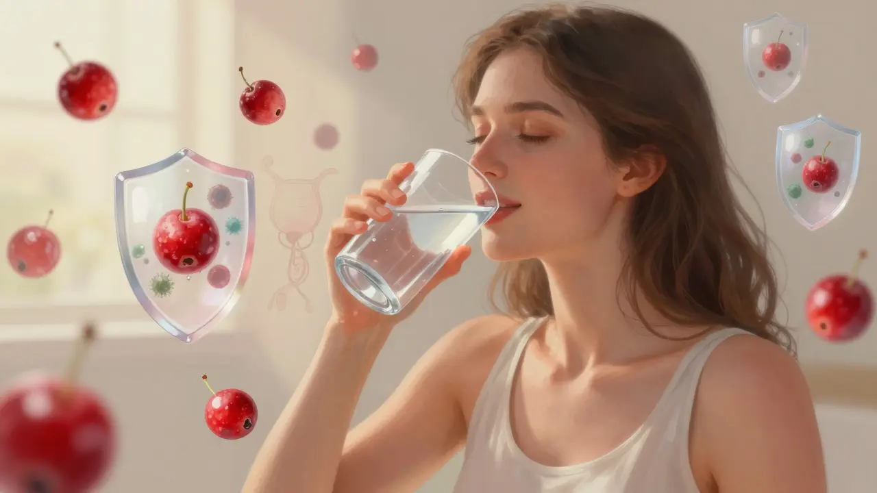 Žena pije vodu, kolem ní plavou brusinky, symbolizující prevenci močových infekcí.