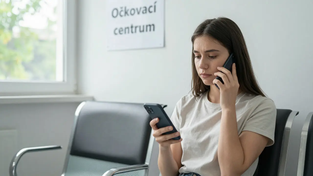 Žena zrušuje termín očkování telefonicky v lékárně.