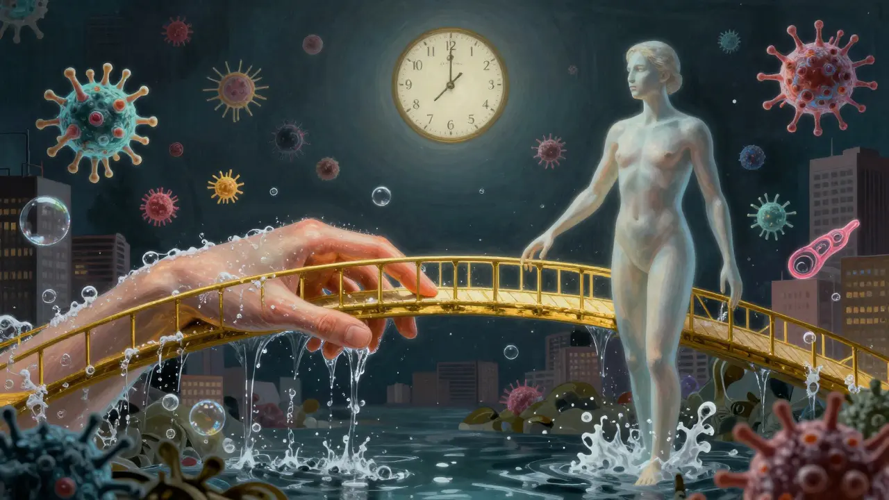 Zlatý most z rukou mytý vodou, spojuje špinavý svět se zdravým tělem.