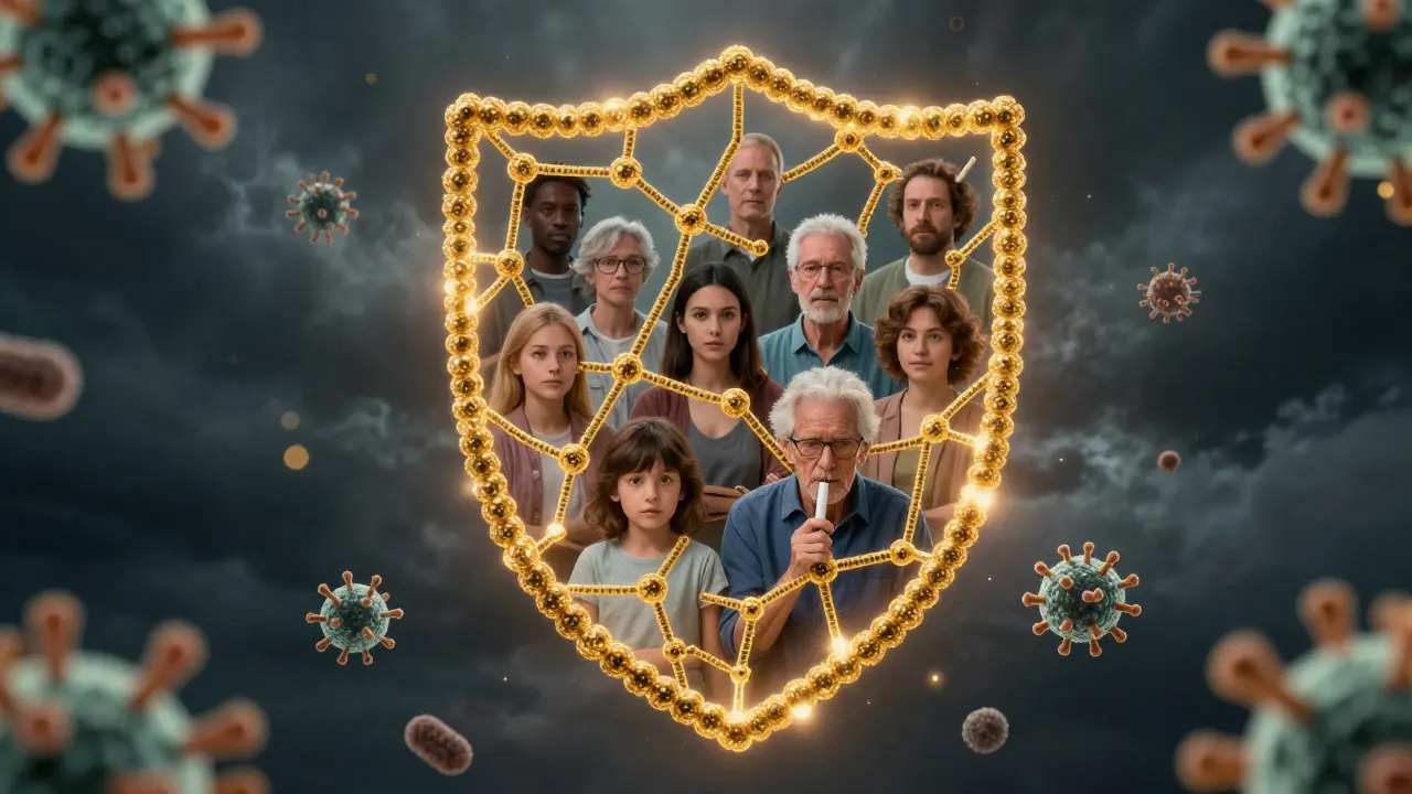 Zlatý štít z 20 bakteriálních typů chrání dítě, staršího muže a kuřáka před infekcí.