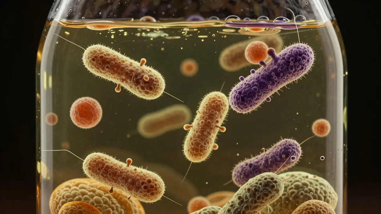 Abstraktní mikroskopický pohled na interakci bakterií a kvasinek v pivu, s jasnými barvami a světelnými efekty.