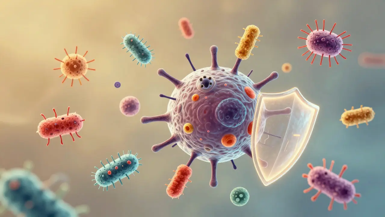 Abstraktní znázornění imunitních buněk ničících 13 typů pneumokokových bakterií ve stylu vědecké ilustrace.