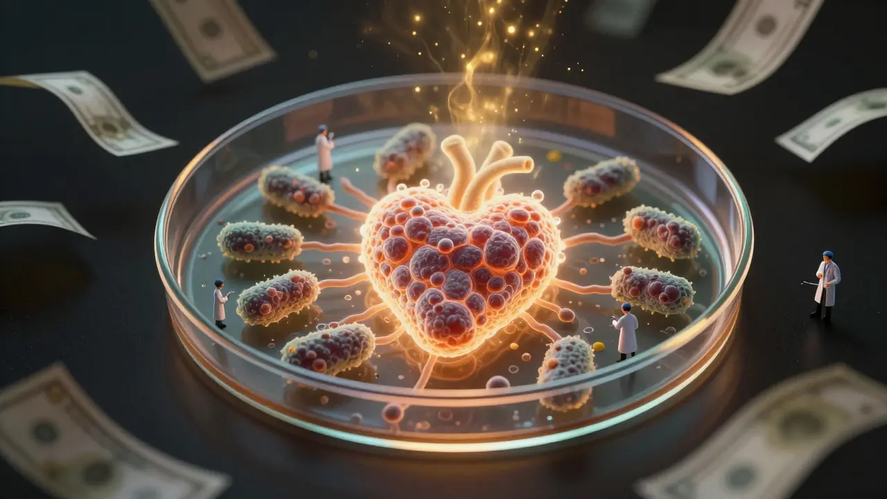 Bakterie ve tvaru srdcí s padajícími bankovkami jako symbol nedostatečného ohodnocení.