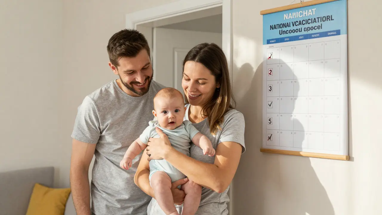 Czech family celebrating a baby's completed vaccination schedule at home