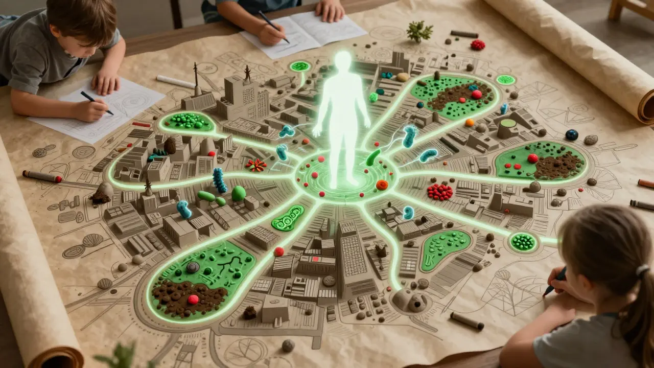 Děti kreslí mikrobiální mapu města s označenými oblastmi dobrých a špatných mikrobů.