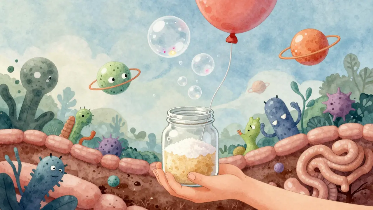 Dítě drží balón plný bublinek vzniklých z kvasinek a cukru.