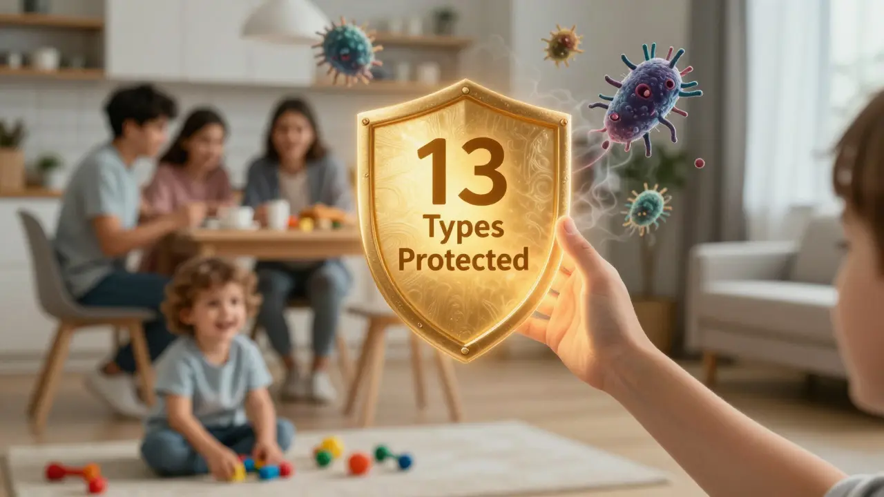 Dítě drží zlatý štít ochrany proti 13 typům pneumokoků, zatímco bakterie mizí v mlze.