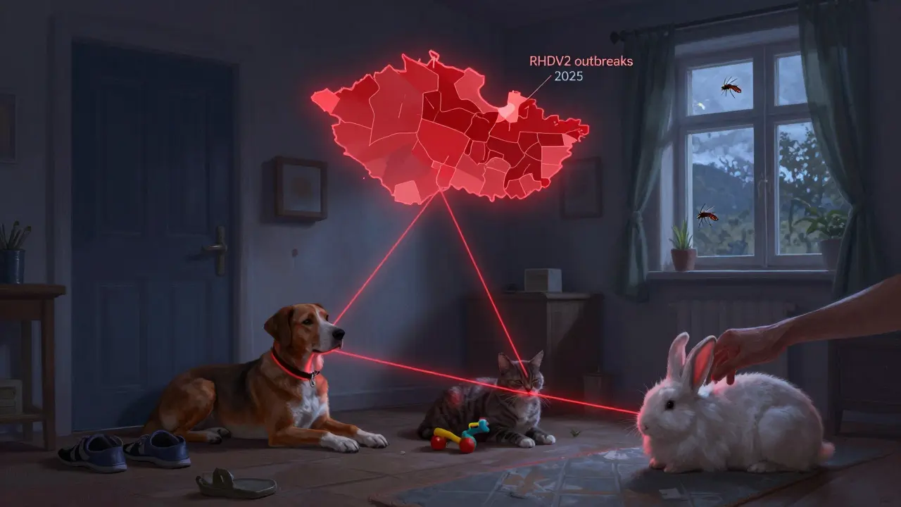 Dům s třemi mazlíčky, propojené neviditelnými červenými čarami s rizikovou mapou Česka.