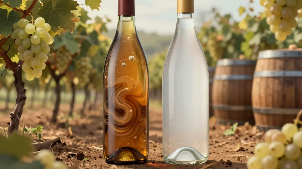 Dvě láhve vína: jedna s mikrobiální fermentací, druhá čistá, v pozadí hroznové vinné vinné hřebeny a dřevěné sudy.