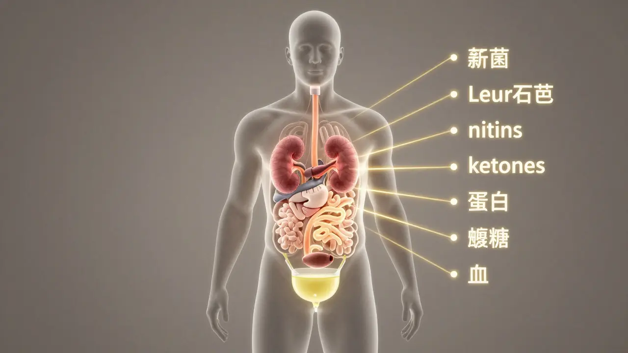 Koncepční obraz lidské postavy s vnitřními orgány a ukazateli močové analýzy.