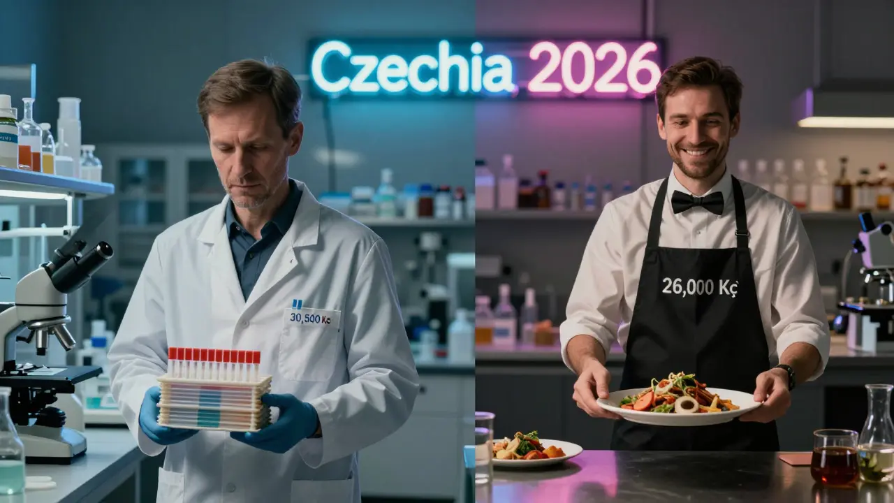 Laborant a číšník vedle sebe s uvedenými mzdami v Česku 2026.